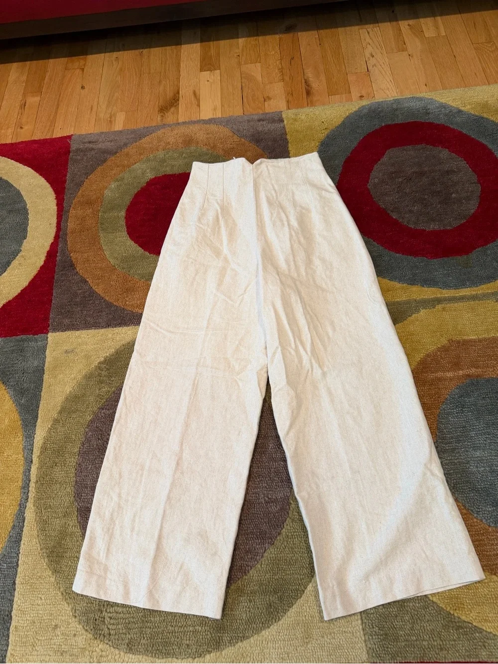 Zara Women Beige Cream Wide Leg Cropped High Waisted Linen Pants Size Small
